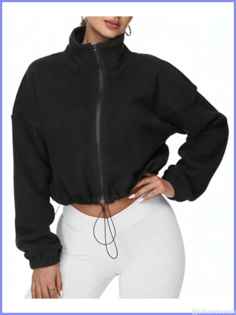 Women's Full Zip Fleece Jacket Cropped Sherpa Fuzzy Coat Stand Collar